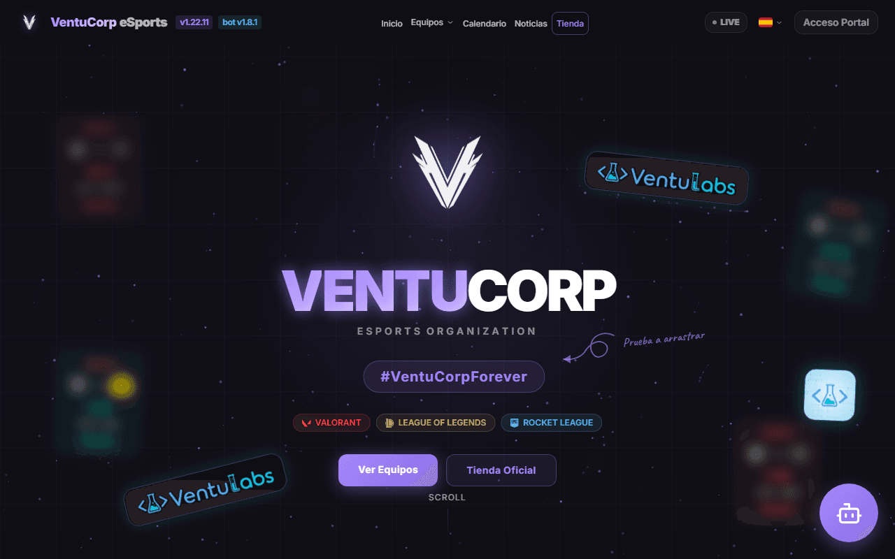Portada pública de EsportsHub con los colores de un club, partidos recientes y juegos