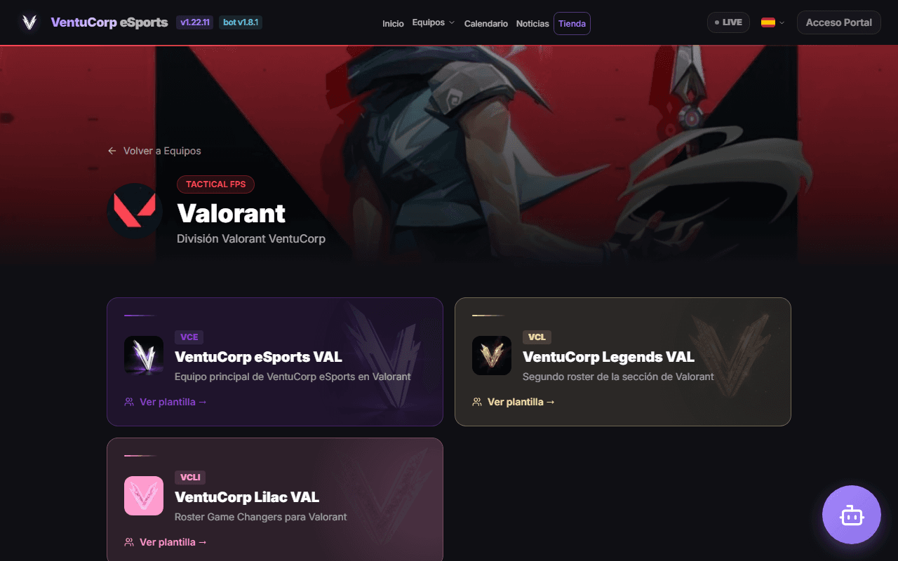 Ficha pública de los equipos de VALORANT de un club en EsportsHub
