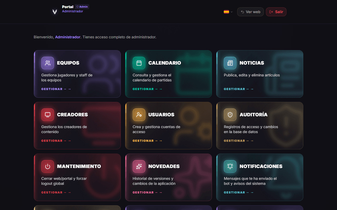 Panel del portal de gestión de EsportsHub con equipos, calendario, noticias y usuarios