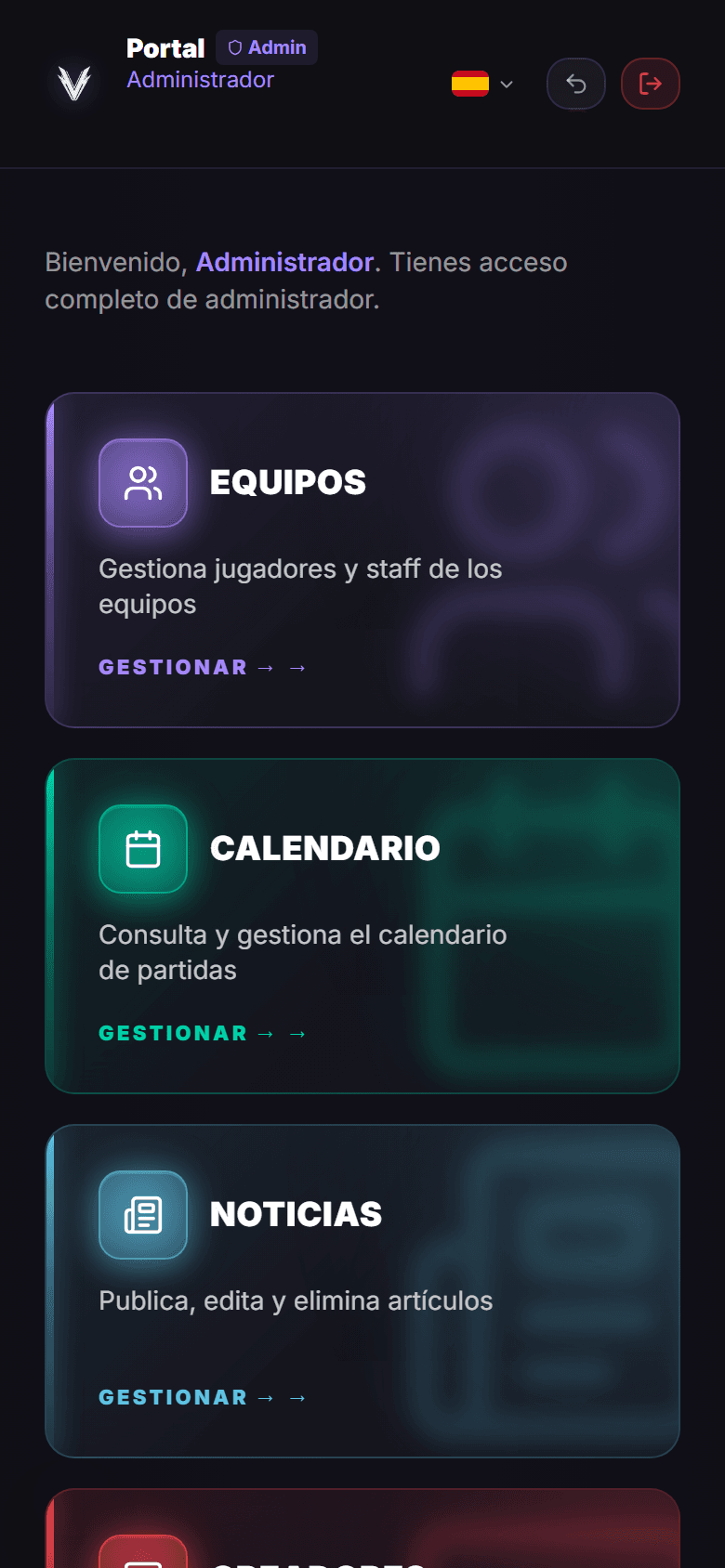 Panel del portal de gestión de EsportsHub con equipos, calendario, noticias y usuarios