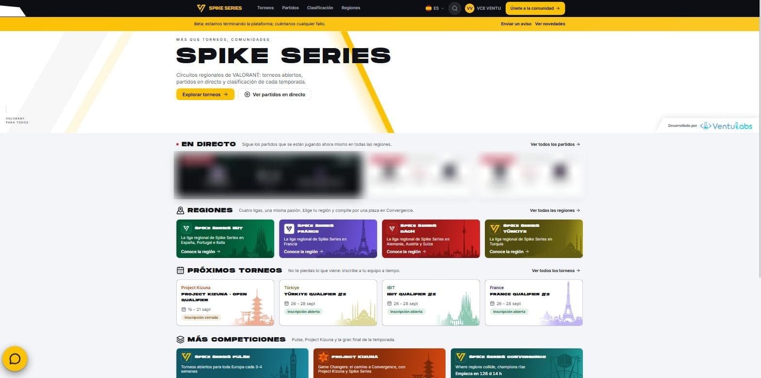 Portada pública de Spike Series con la sección de partidos y las regiones (datos de demostración)